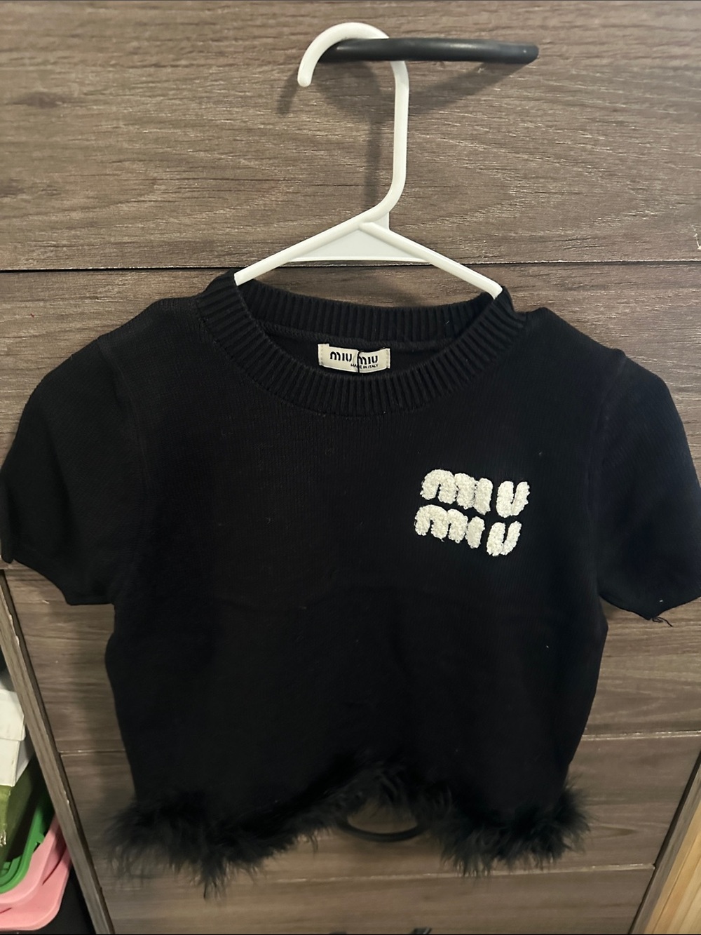 Black Short-Sleeve Knit Top with Faux Fur Trim size S